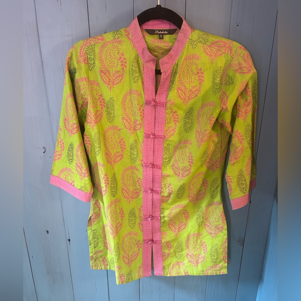 Lakshita Green and Pink Patterned 3/4 Sleeve Button Down Blouse | Sz Small